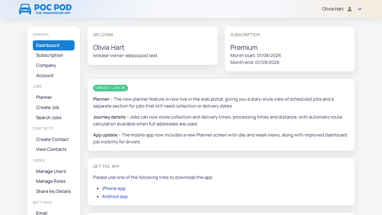The Pocpod portal dashboard after sign-in