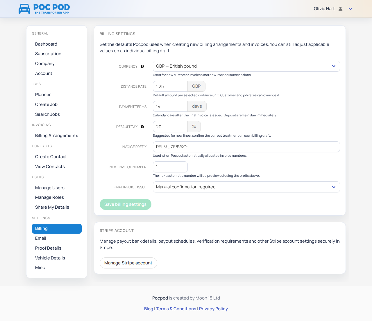 Billing Settings with invoice defaults and the Manage Stripe account action