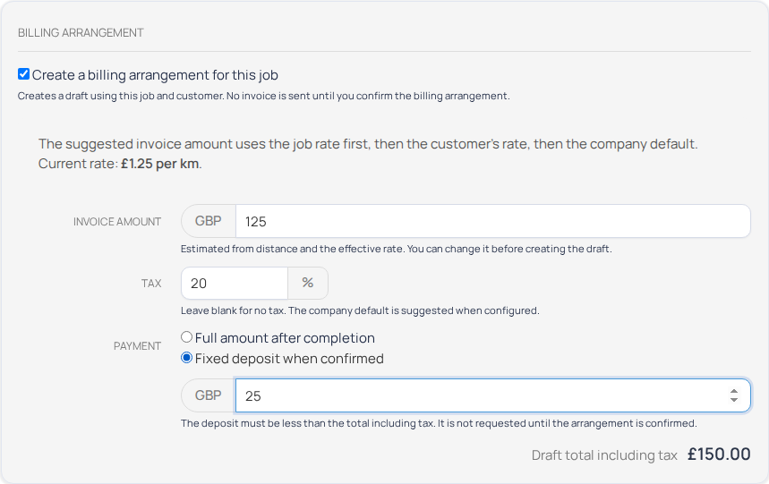 Create Job Billing section showing an estimated amount, tax and payment choice