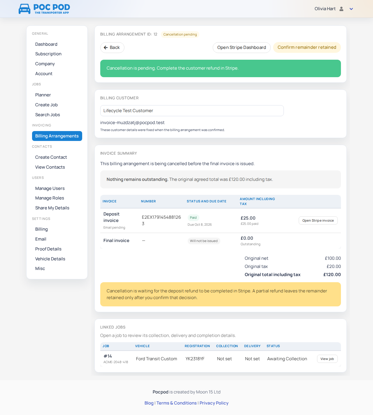 Cancellation pending while a paid deposit refund is completed in Stripe