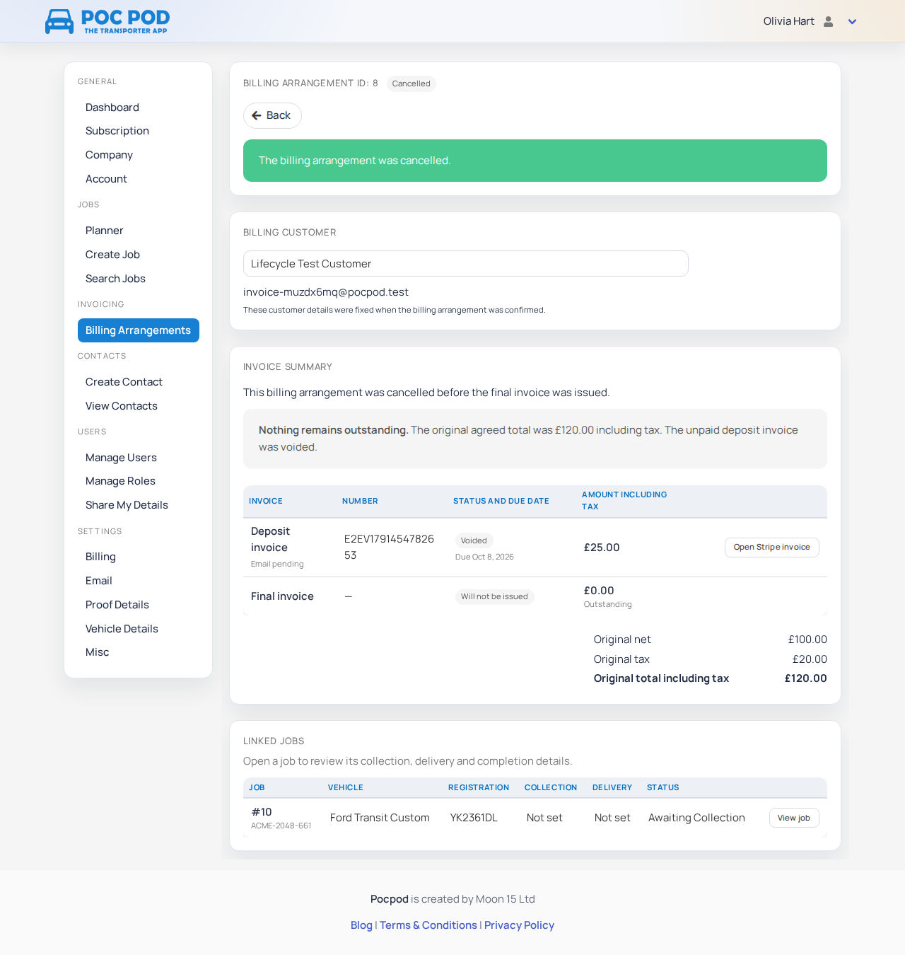 Cancelled arrangement with an unpaid deposit voided and no balance outstanding