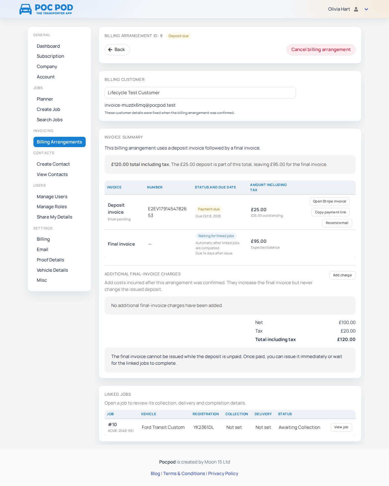 Deposit-due arrangement showing that the deposit is included in the total and leaving a final balance