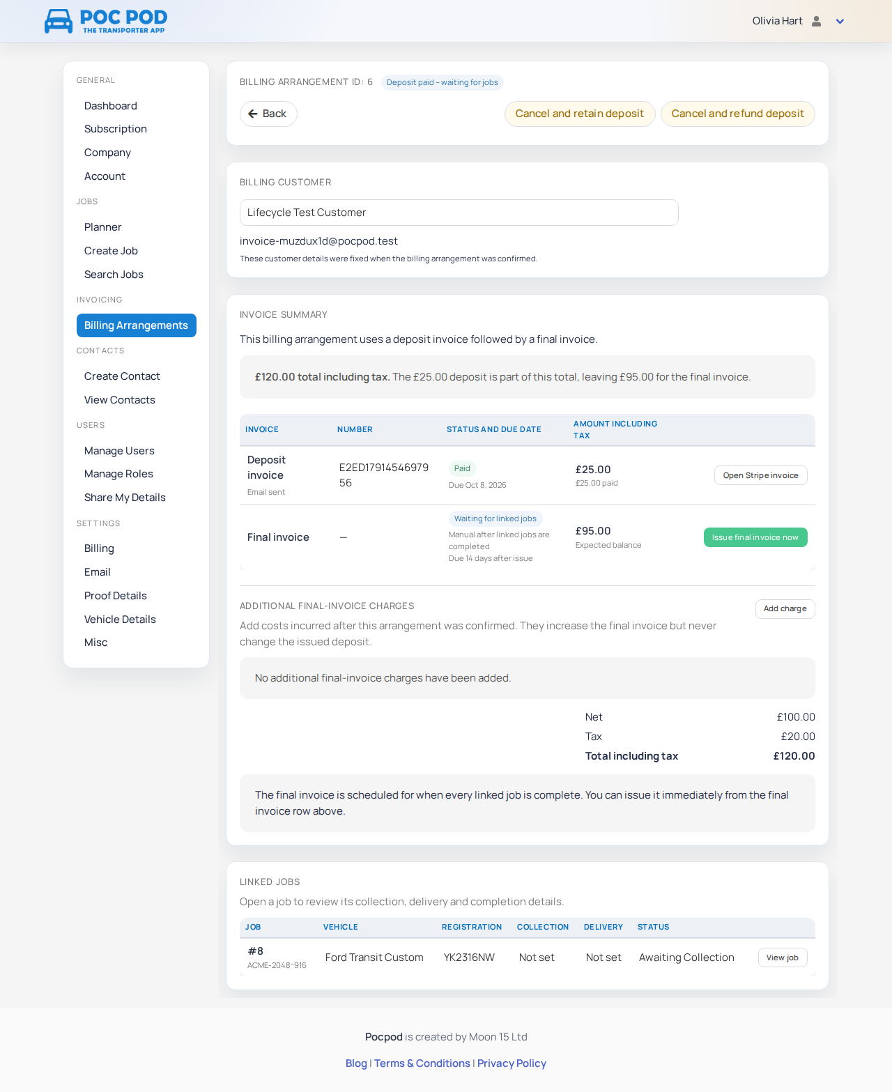 Paid deposit arrangement waiting for linked jobs, with the option to issue the final invoice early