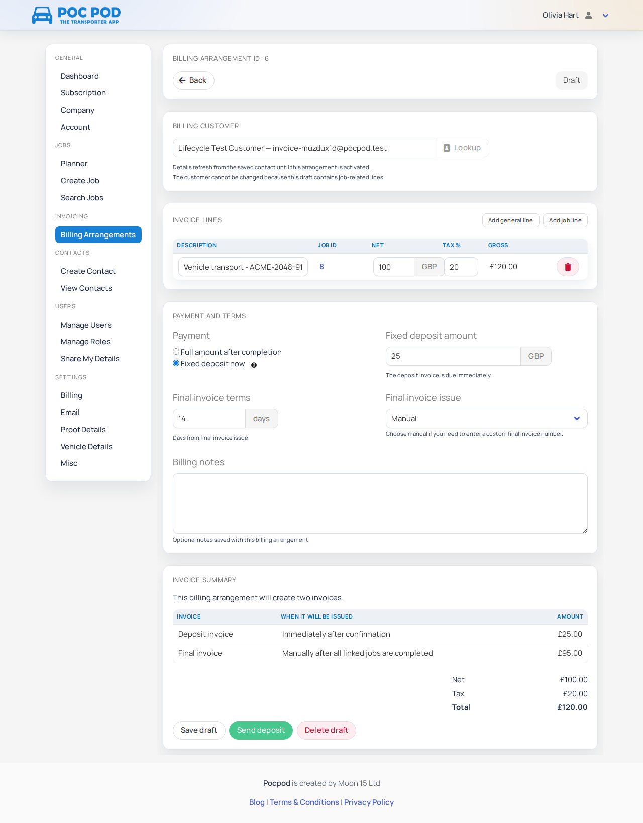 Billing arrangement draft with customer, invoice lines, payment terms and invoice summary