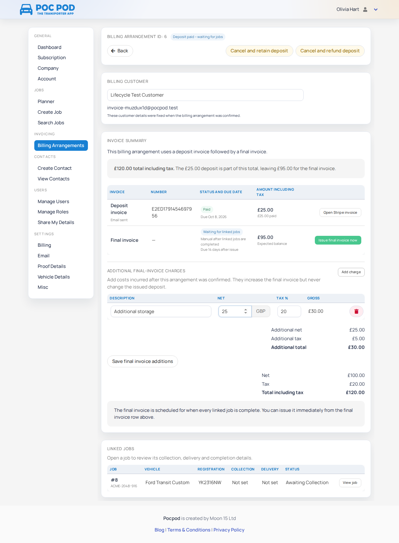 Confirmed arrangement with an additional final-invoice charge being entered