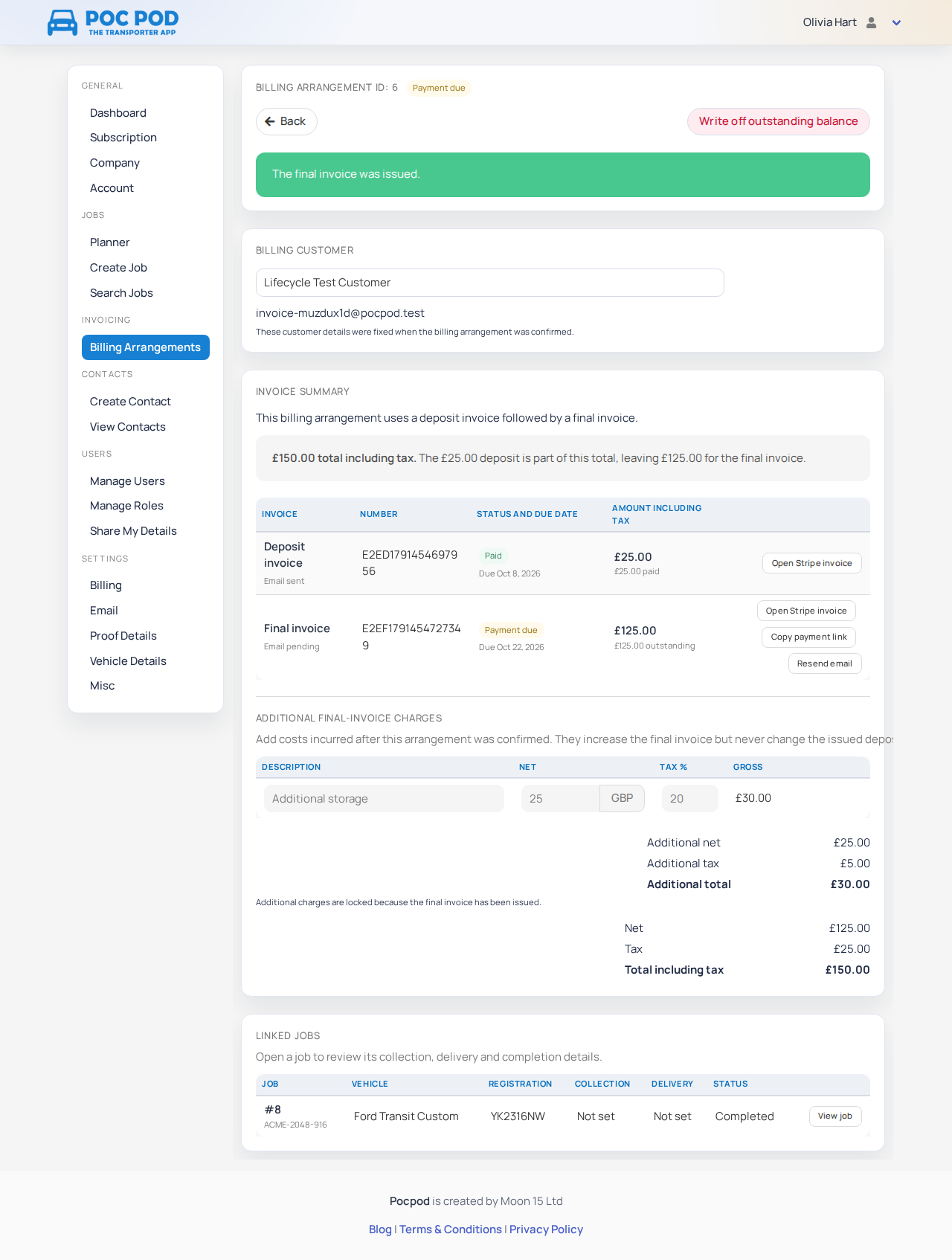 Deposit and final invoice arrangement with the remaining balance due