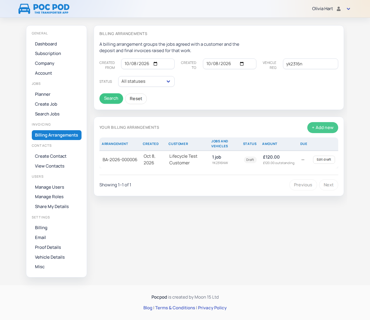 Billing Arrangements search with date, vehicle registration and status filters