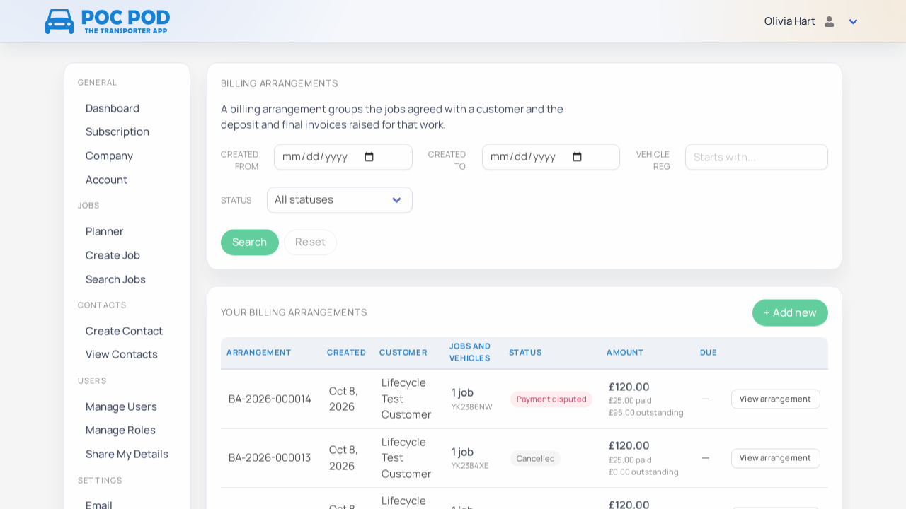 Billing Arrangements list showing cancelled and payment-disputed status badges