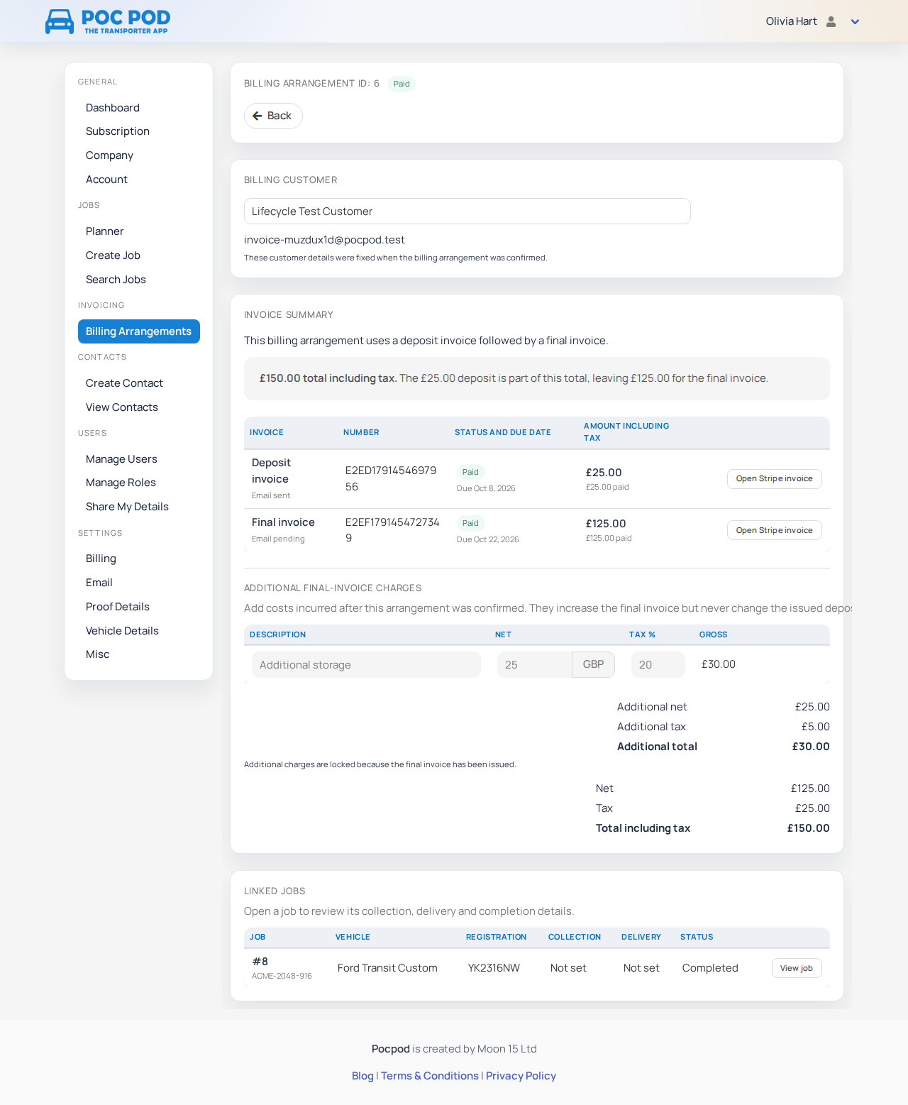 Completed billing arrangement with paid deposit and final invoices