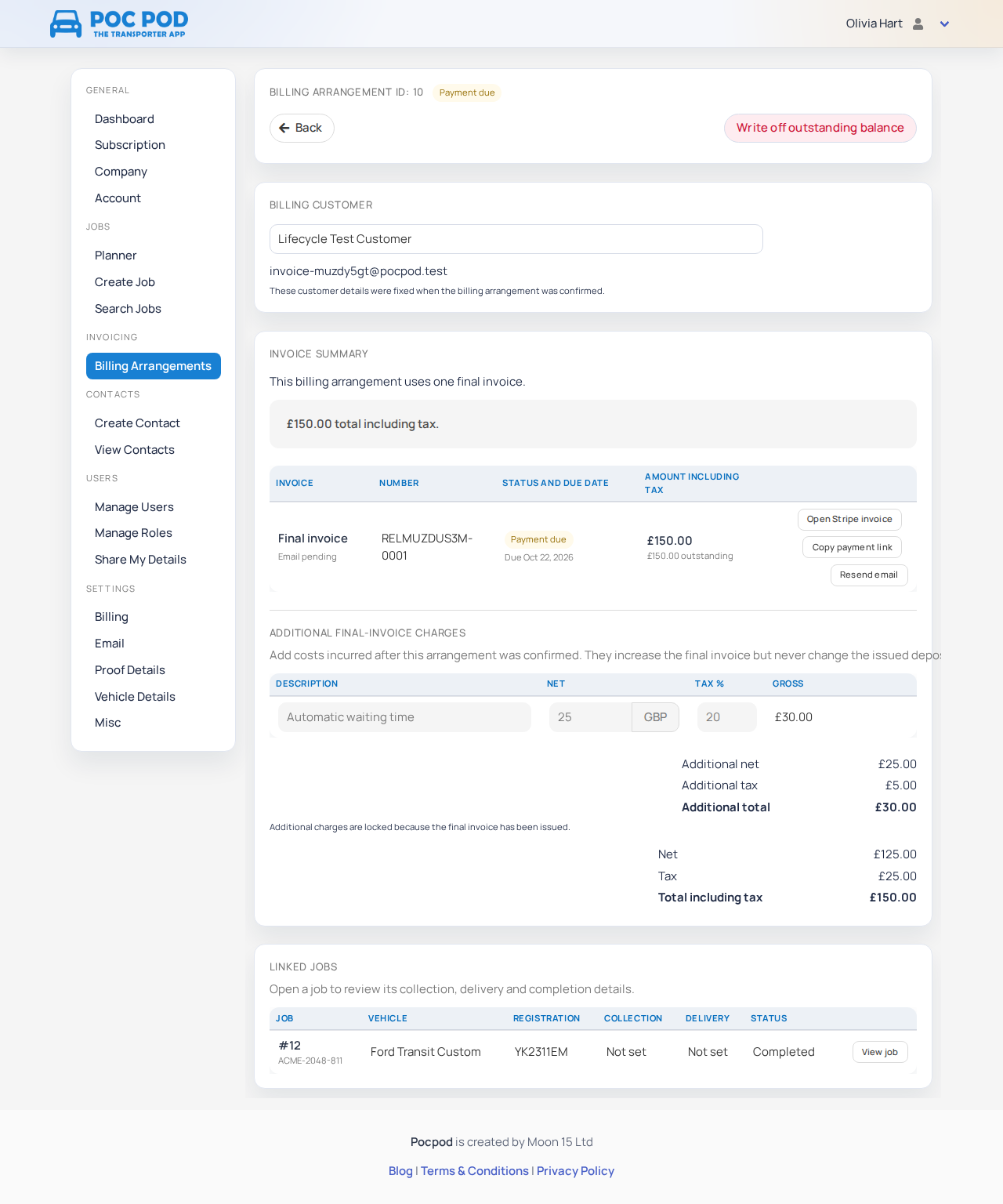 Single final invoice with its full amount due