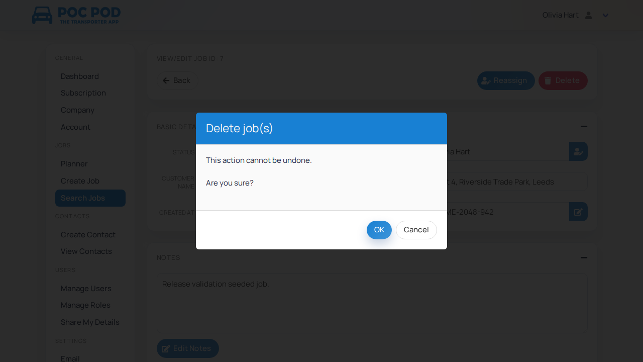 Delete job confirmation