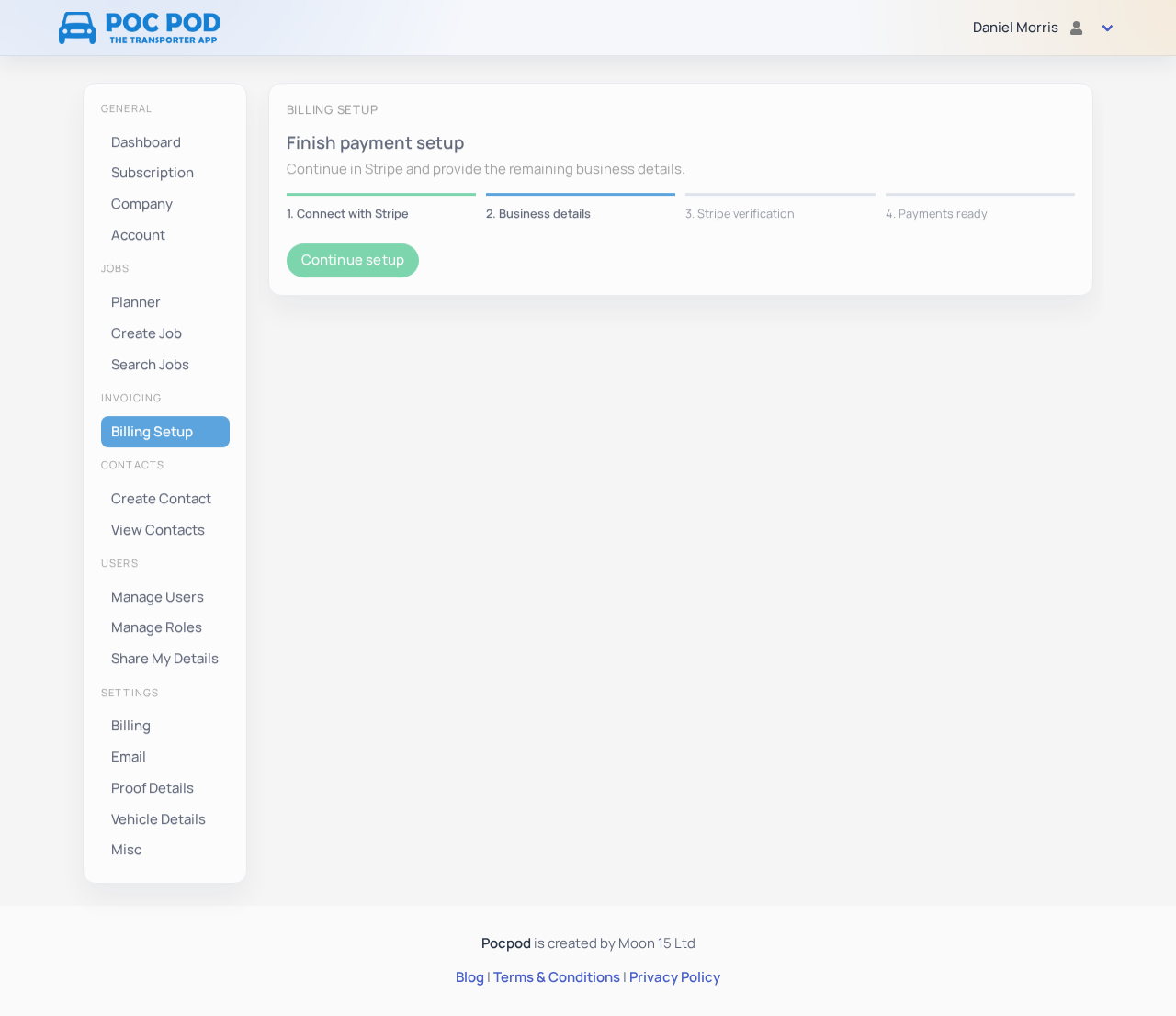 Billing Setup showing the four Stripe onboarding steps and Continue setup button