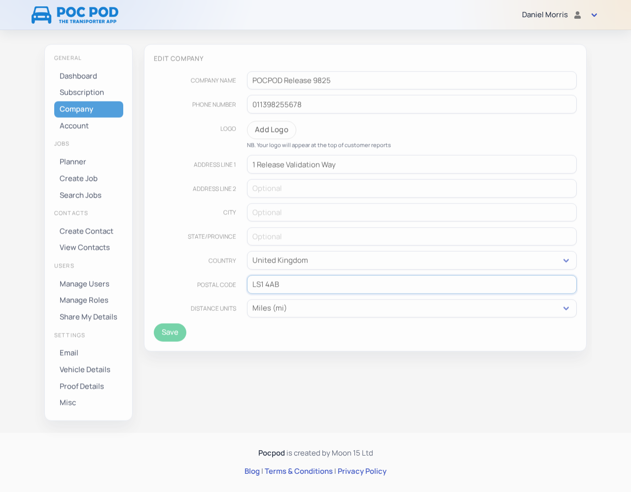 Company settings form in the portal