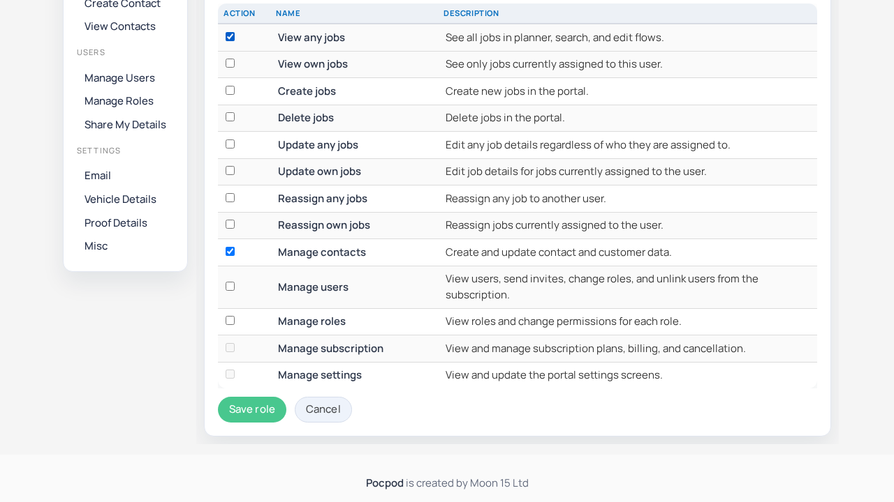 Create role form with permissions